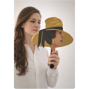 Vintage Hand Painted Wooden Hand Mirror Art Deco Lady Portrait Vanity Mirror